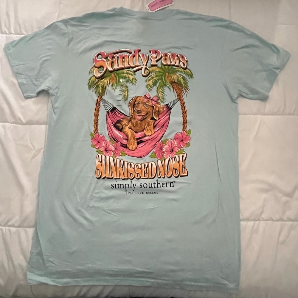 Simply Southern “Sandy Paws Sun-kissed Nose” Blue Tee. Size Large